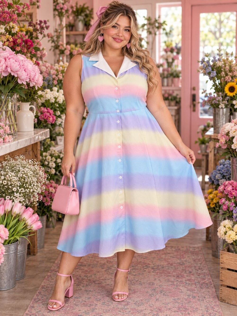 Unique Vintage Plus Size 3X/20 Pastel Rainbow Ombré Shirt Dress